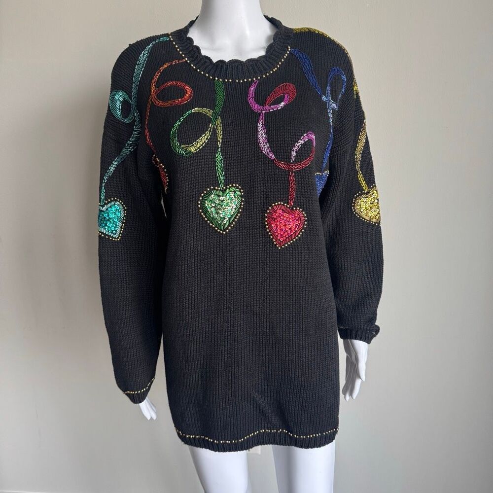 *Flawed Gem 90’s Sequin Hearts Ramie Sweater Dress Size M Black